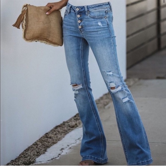 New KanCan Distressed Button Fly Flare Leg Jeans Bell Bottoms - Picture 3 of 11